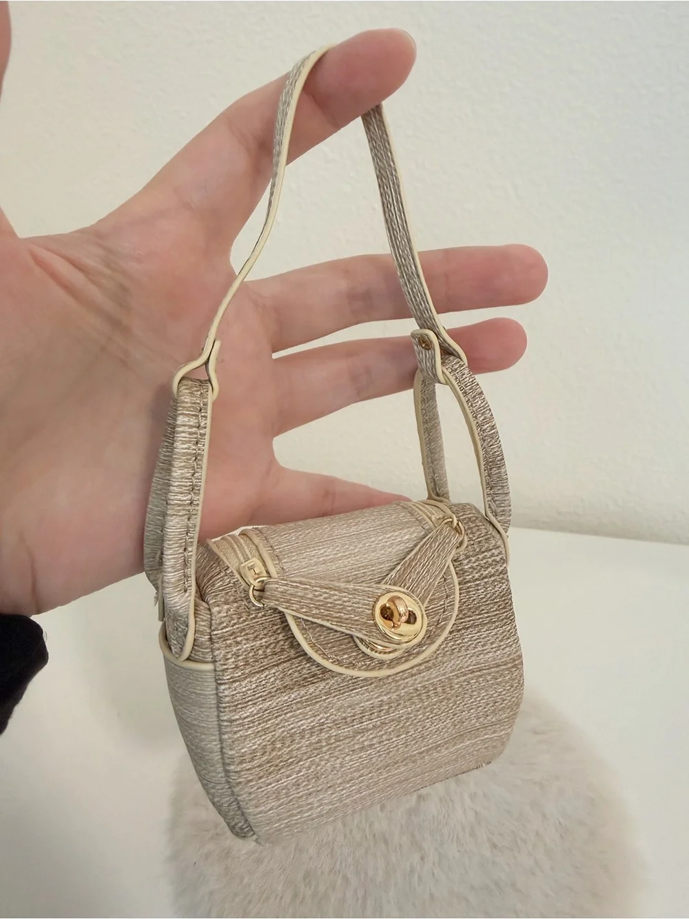Mini Top Handle Bag Charm Woven Texture Coin Pouch Beige Luxury Style